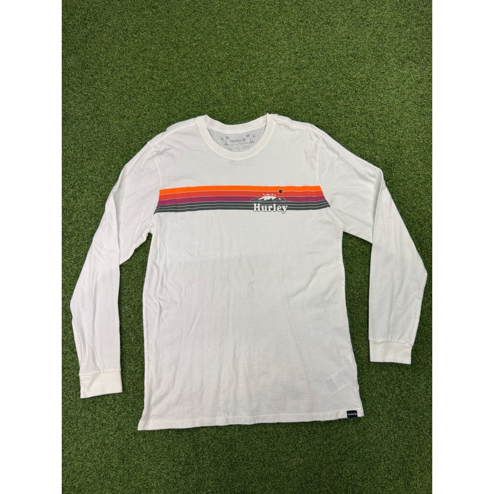 Hurley Mens Long Sleeve Graphic T-Shirt White Everyday Washed Retro Stripe Large